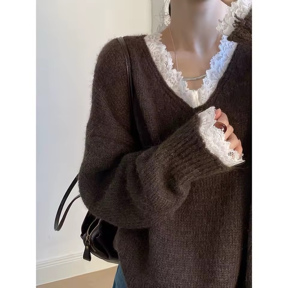 Brown V-Neck Sweater with Lace Trim